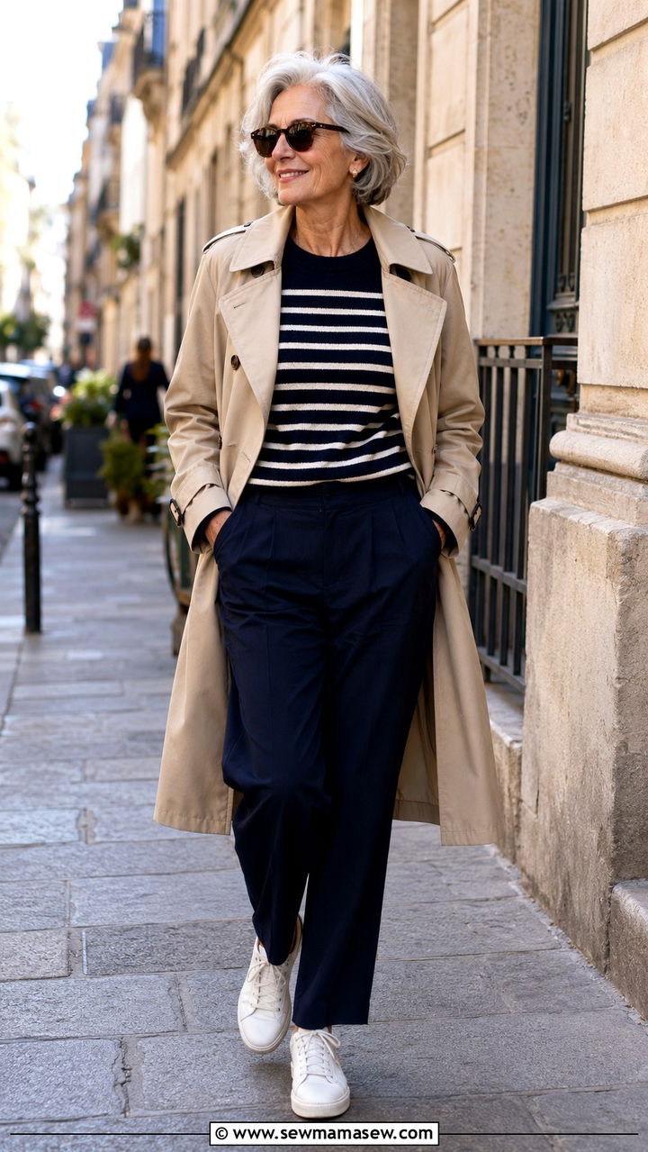 Trench Coat and Striped Sweater Outfit - 30 Parisian outfits for women over 60