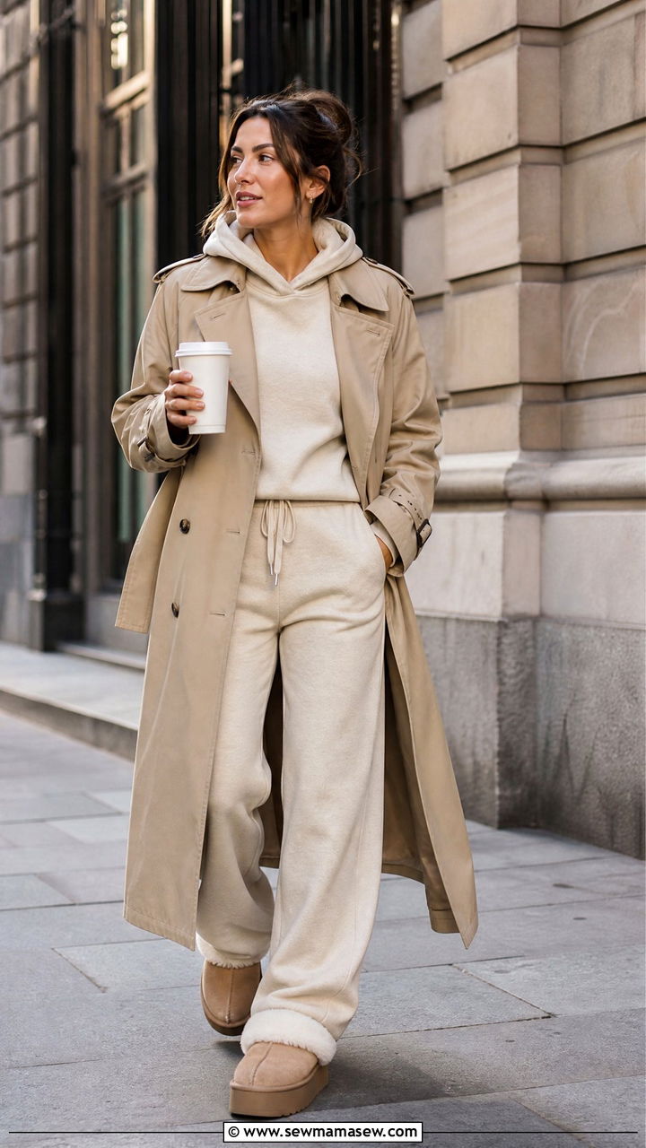 Trench Coat and Sweatsuit with Fuzzy Slippers - 30 Fuzzy slippers outfit ideas
