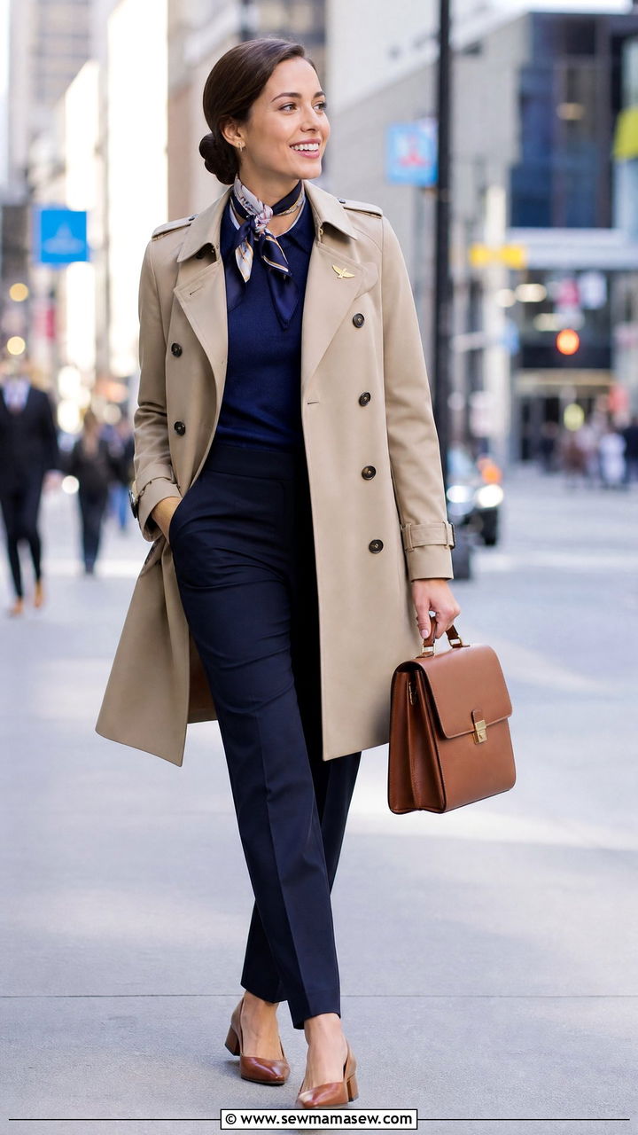 Trench Coat and Tailored Trousers Flight Attendant Outfit - 30 Flight attendant style outfits