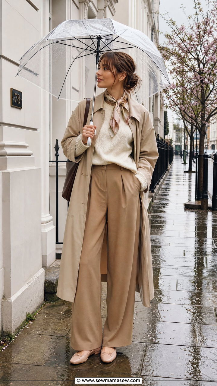 Trench Coat and Trousers With Ballet Flats - 25 classy light academia outfit ideas