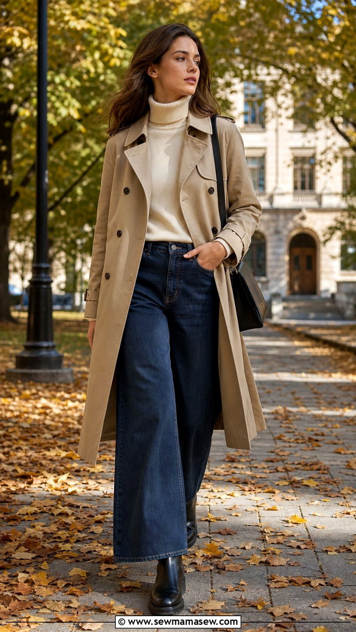 Trench Coat and Wide Leg Jeans with Chelsea Boots - 25 college outfits Pinterest