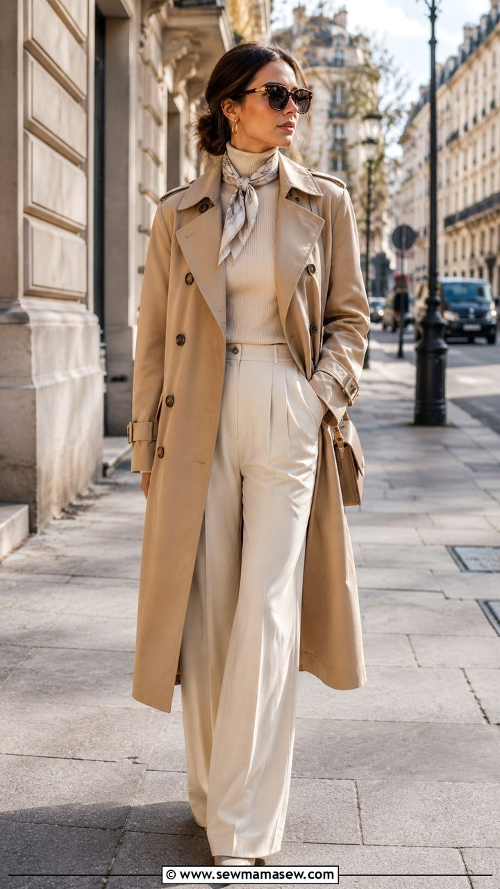 Trench Coat and Wide Leg Pants Outfit - 25 modest classy outfits inspo