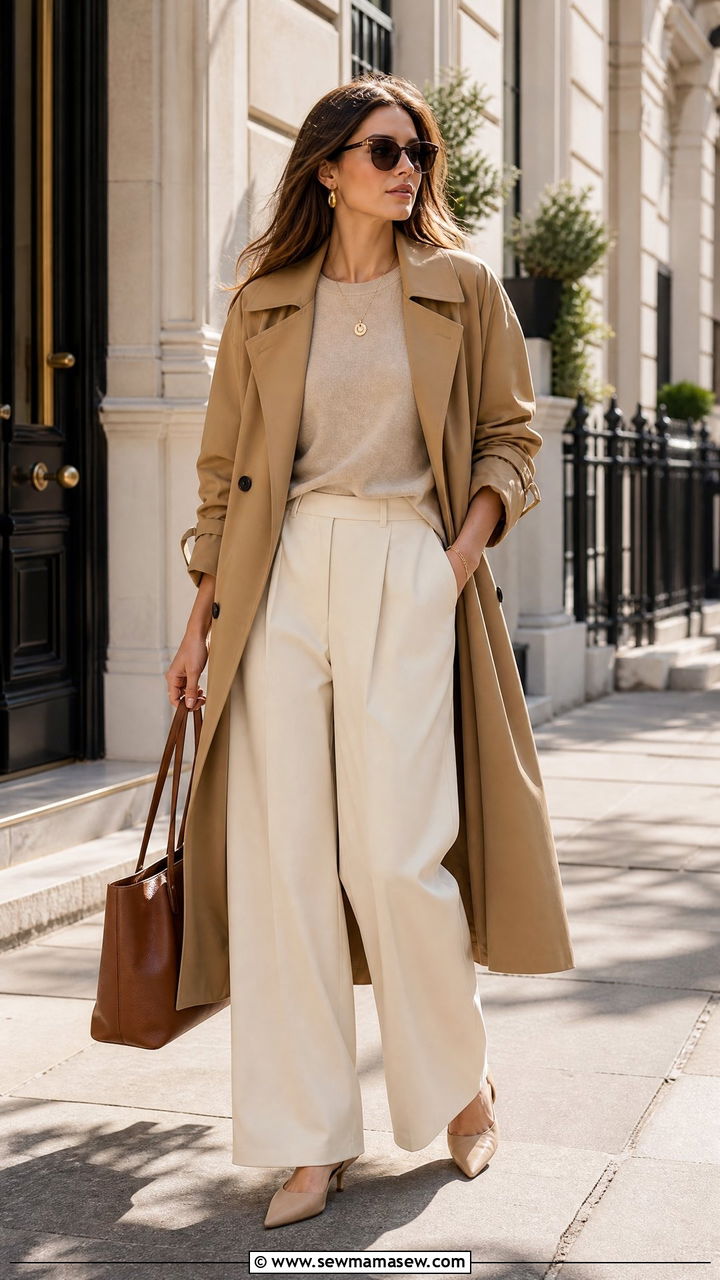 Trench Coat and Wide Leg Pants Outfit - 25 fashion inspo outfits ideas