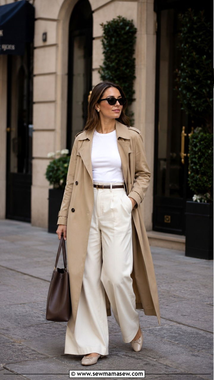 Trench Coat and Wide Leg Trousers - 25 Parisian outfit ideas in April