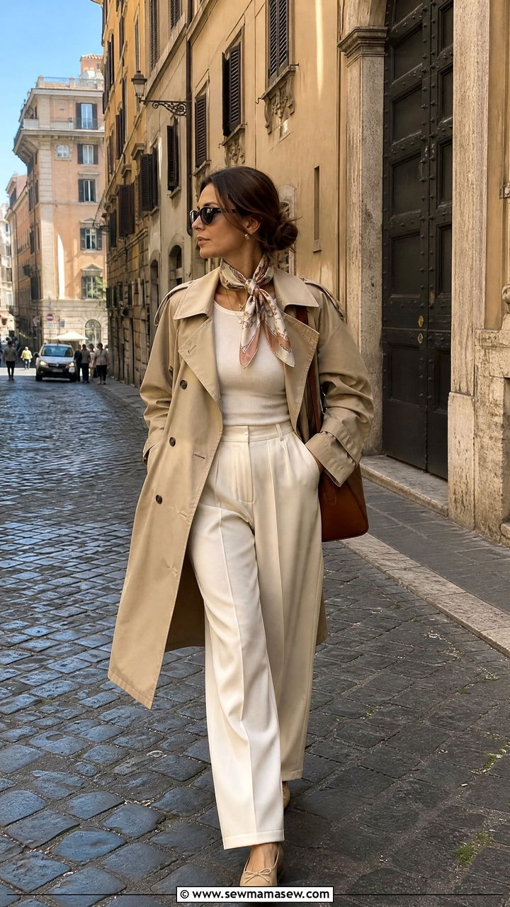 Trench Coat and Wide Leg Trousers for Spring Days - 35 Italy vacation outfit ideas 2026