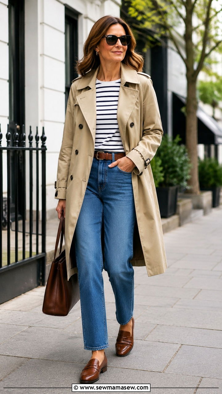Trench Coat over Straight Leg Jeans and a Stripe Top - 25 Midlife outfit ideas