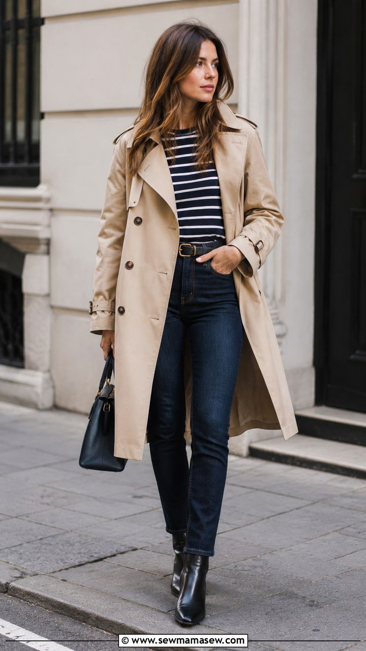 Trench Coat over Striped Breton Top with Dark Wash Jeans - 30 preppy capsule wardrobe outfits