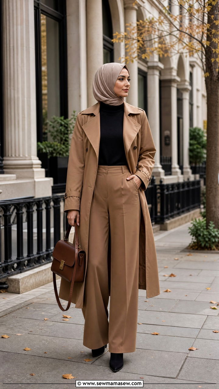 Trench Coat over Turtleneck and Wide Leg Trousers - 25 casual outfits for hijab women
