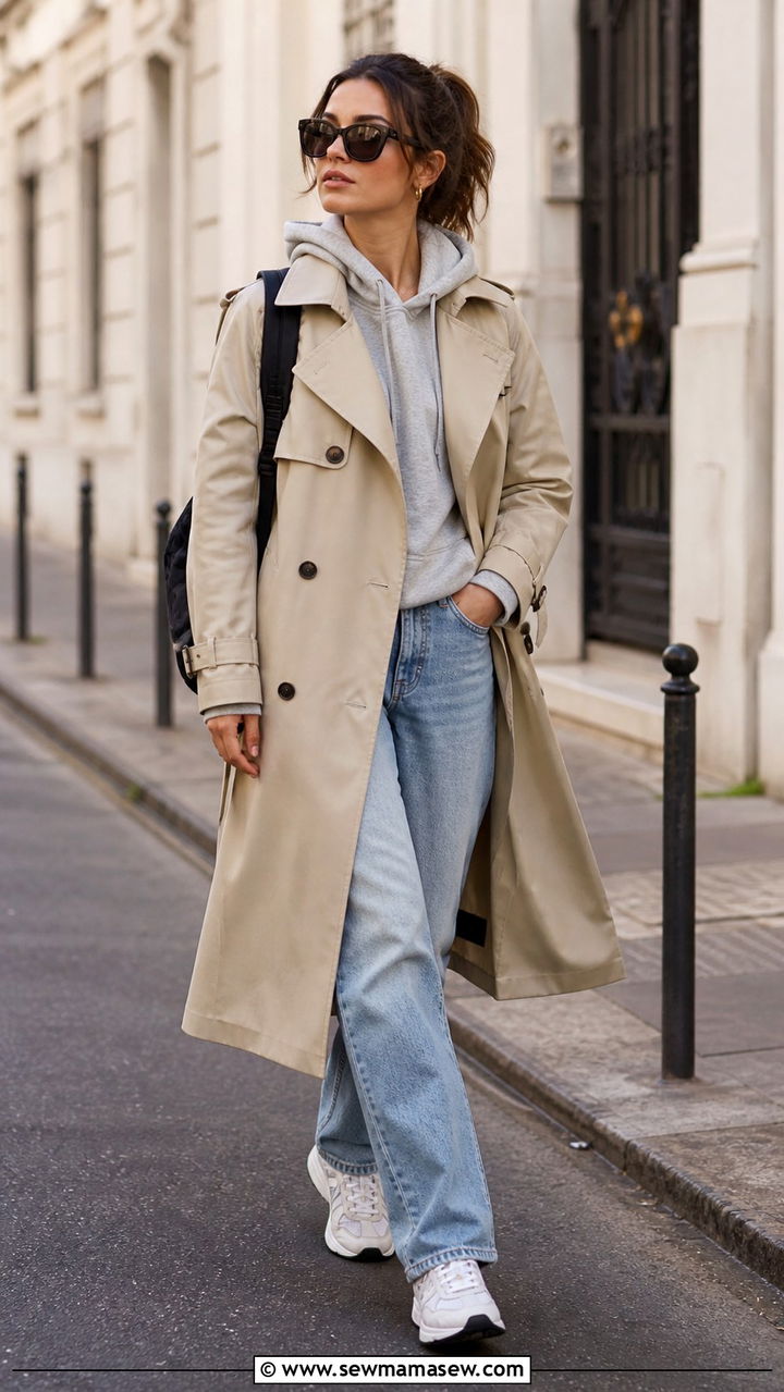 Trench Coat over a Hoodie and Jeans - 40 parisian outfits for women