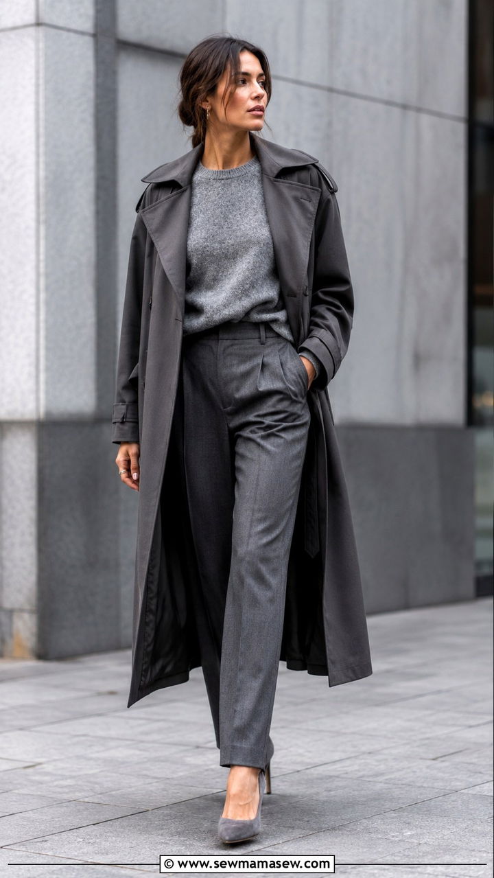 Trench Coat with All Gray Monochrome Layers - 30 trench coat outfits inspo