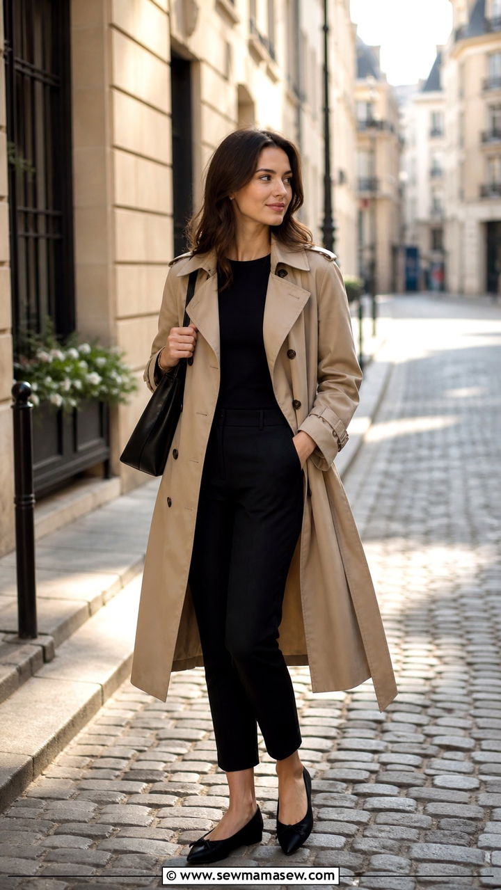 Trench Coat with Ballet Flats and Cropped Pants Outfit - 40 trench coat outfit ideas