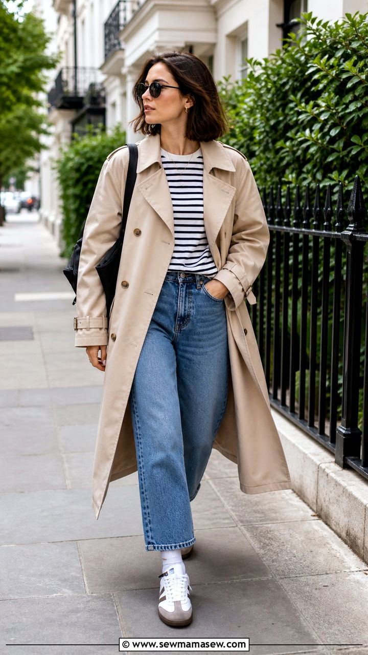 Trench Coat with Barrel Leg Jeans and Retro Sneakers - 40 back to school outfits ideas