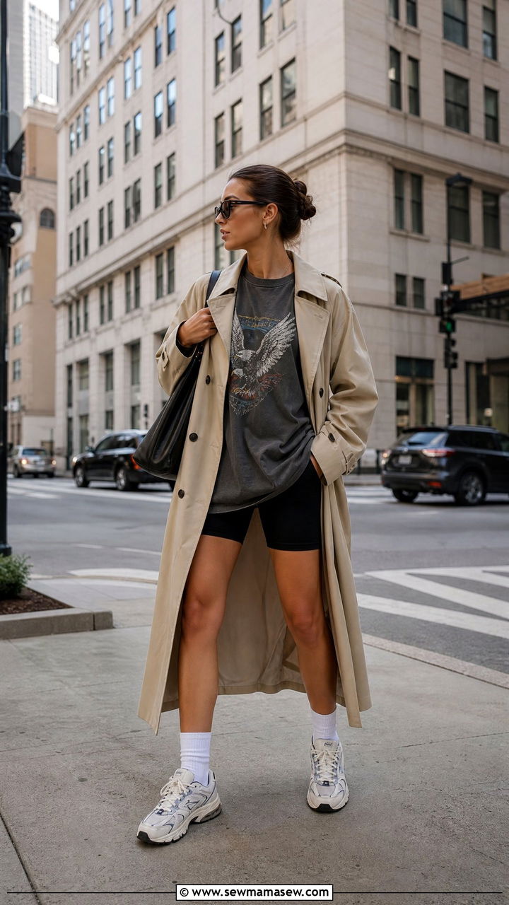 Trench Coat with Biker Shorts and Oversized Tee Outfit - 40 trench coat outfit ideas