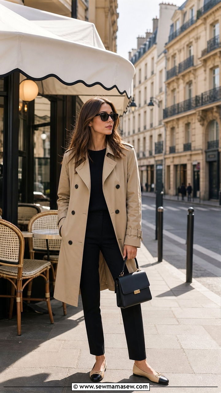 Trench Coat with Black Trousers and Ballet Flats - 25 classy Paris outfits