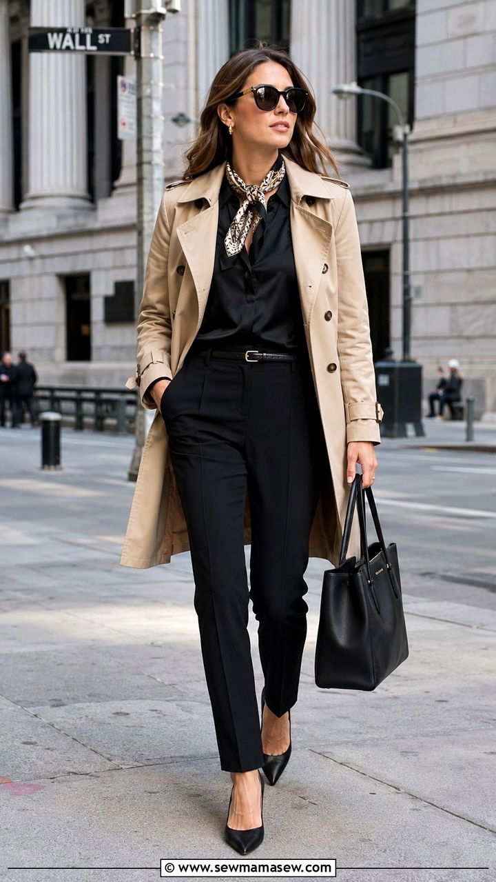 Trench Coat with Black Trousers and Silk Scarf - 20 Financial advisor outfit ideas