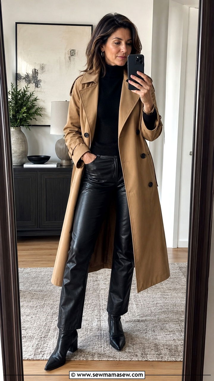 Trench Coat with Black Turtleneck and Leather Pants - 30 trench coat outfits for women over 40