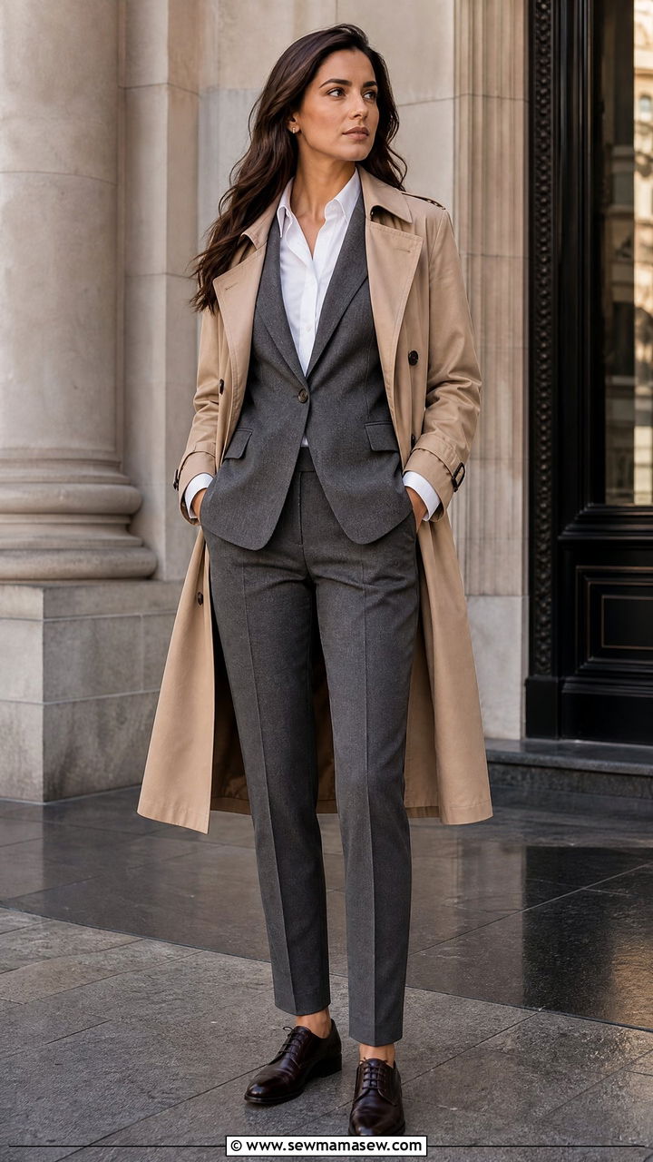 Trench Coat with Blazer and Dress Pants - 35 how to style trench coat