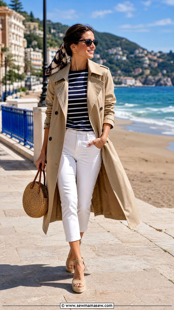Trench Coat with Breton Top and Capri Pants - 30 Summer outfits with trench coats