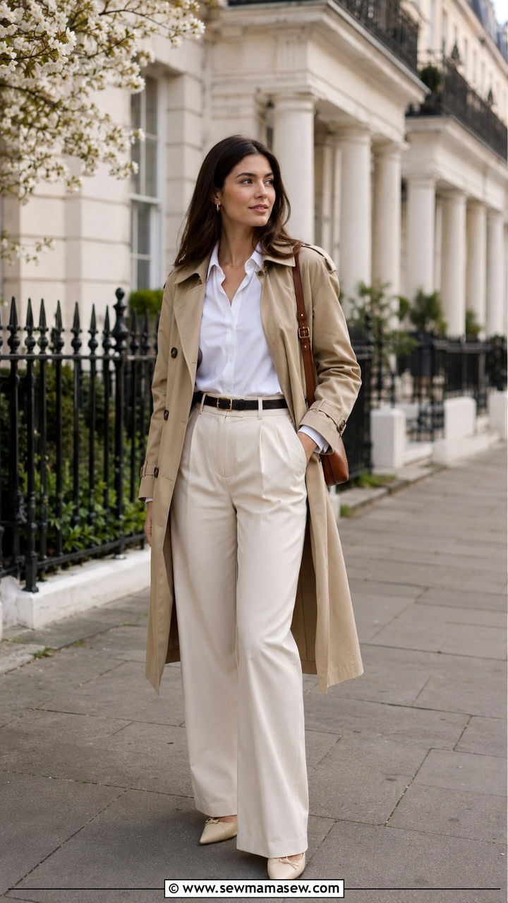 Trench Coat with Button Down Shirt and Wide Leg Trousers - 30 Spring preppy outfits 2026