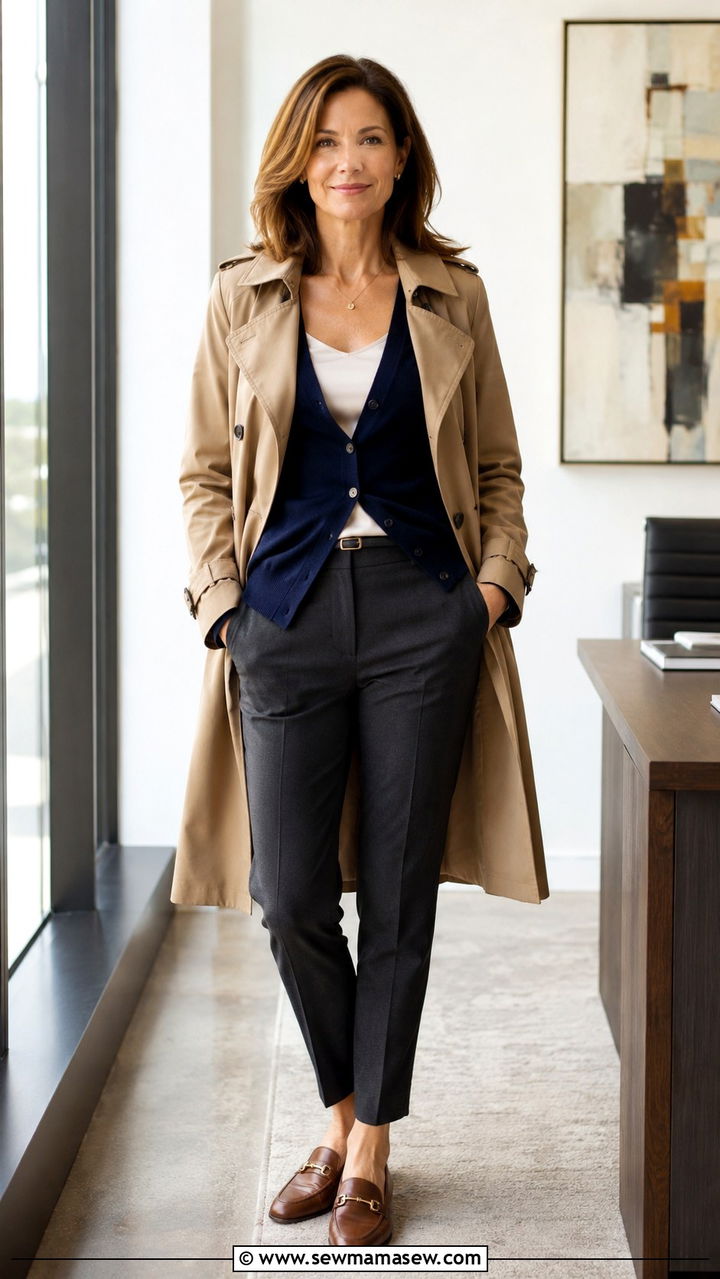 Trench Coat with Cardigan and Slim Trousers - 30 trench coat outfits for women over 40