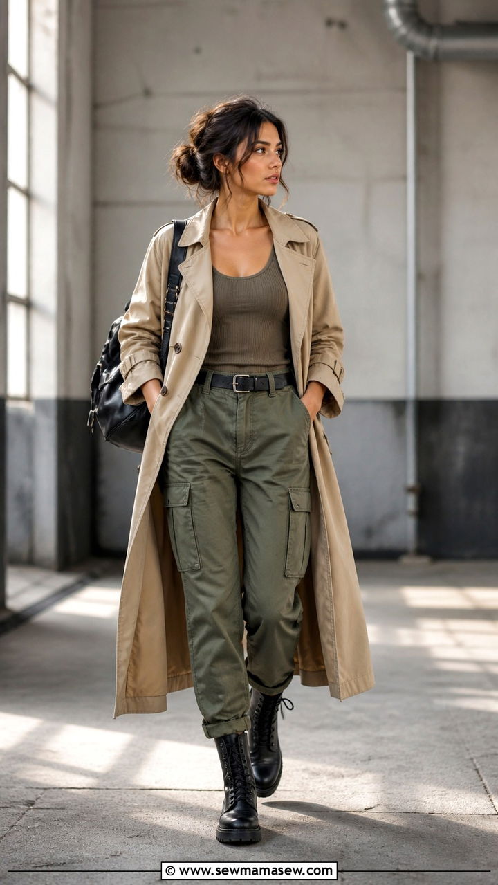 Trench Coat with Cargo Pants and Combat Boots - 40 casual trench coat outfits