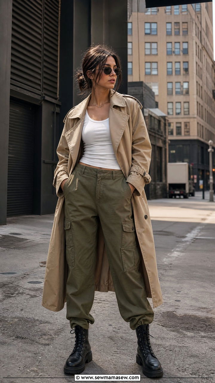 Trench Coat with Cargo Pants and Combat Boots - 35 how to style trench coat