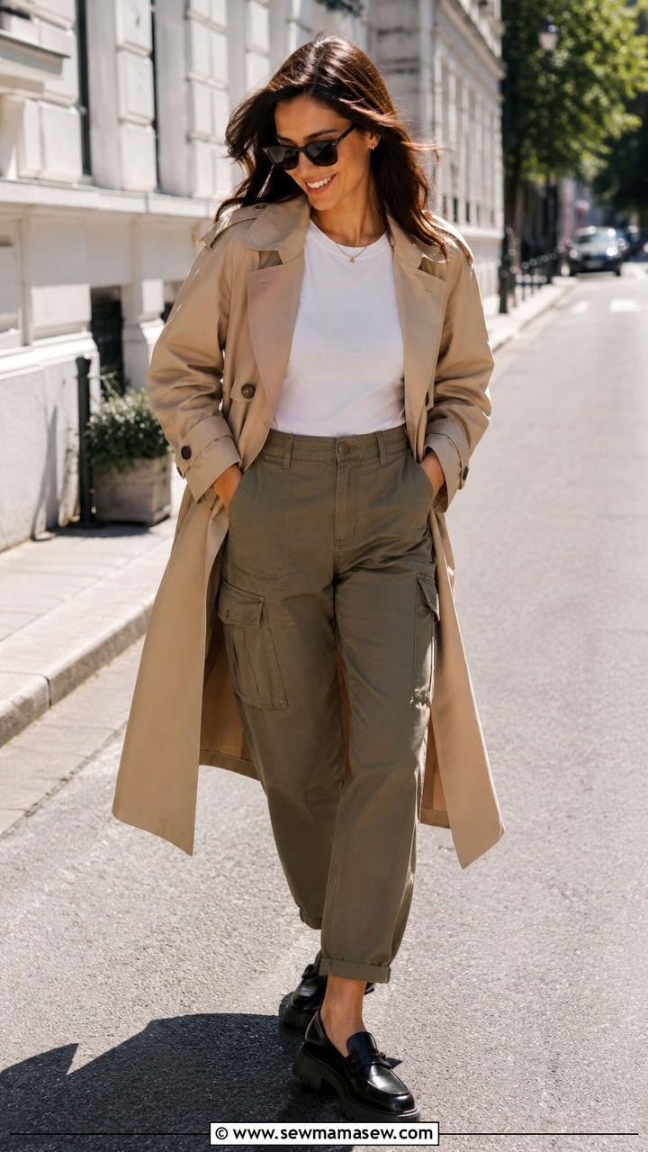 Trench Coat with Cargo Pants and Lug Sole Loafers - 30 trench coat outfits inspo