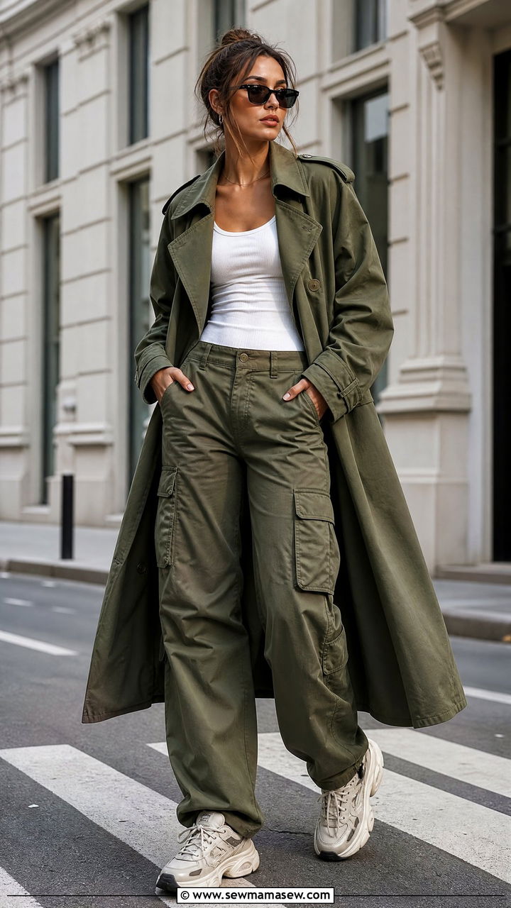 Trench Coat with Cargo Pants and Sneakers Outfit - 40 trench coat outfit ideas