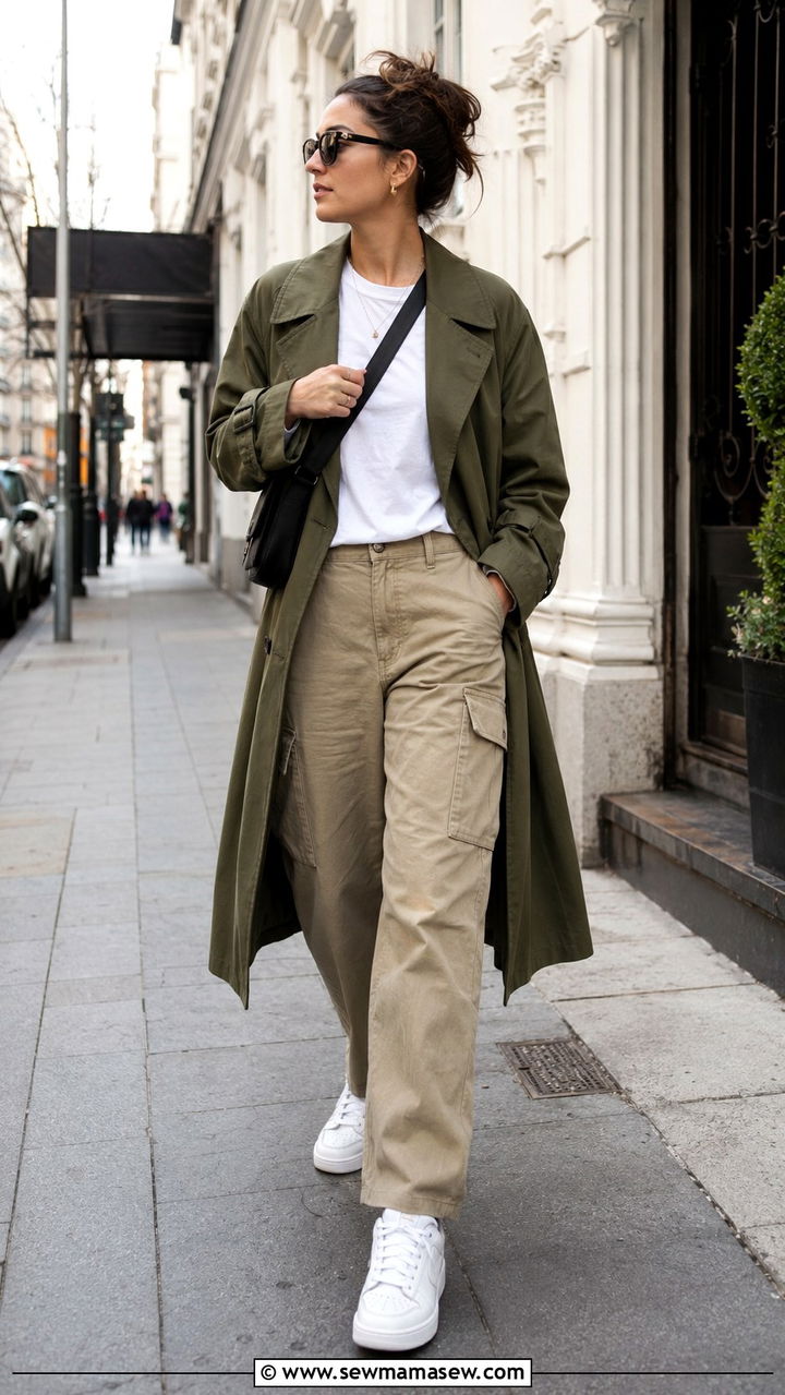 Trench Coat with Cargo Pants and Sneakers - 25 trench coat outfits aesthetic