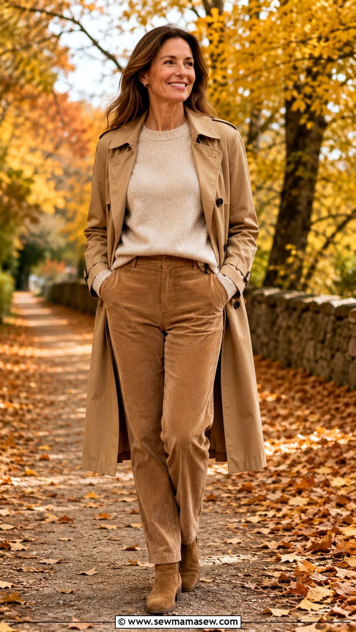 Trench Coat with Cashmere Sweater and Corduroy Pants - 30 trench coat outfits for women over 40