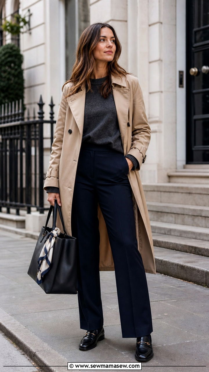 Trench Coat with Cashmere Sweater and Tailored Trousers Outfit - 40 What to wear in London