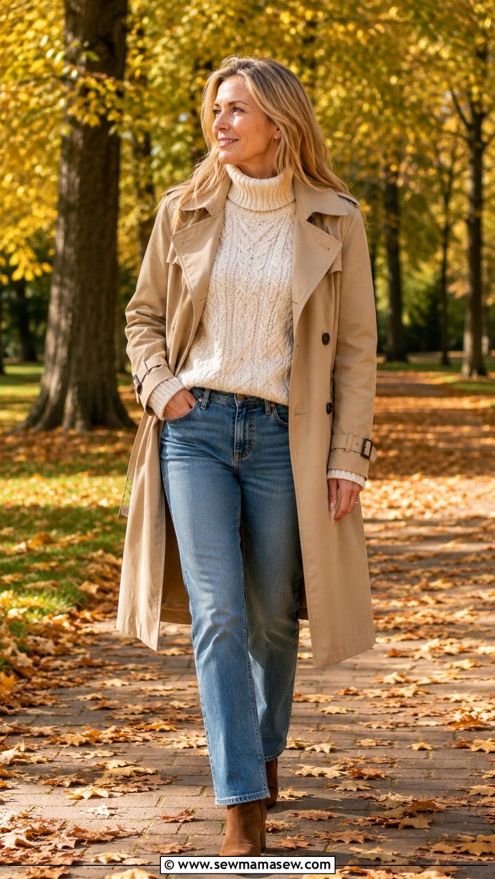 Trench Coat with Chunky Knit Sweater and Straight Leg Jeans - 30 trench coat outfits for women over 40