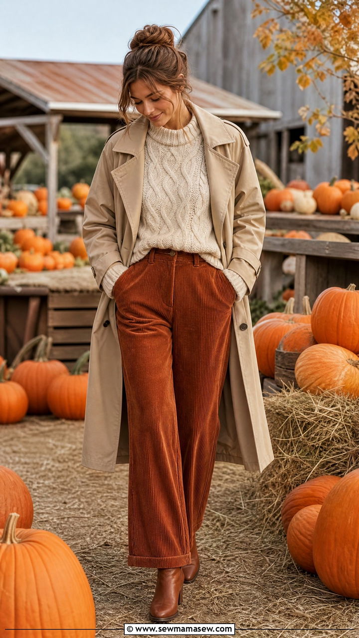 Trench Coat with Chunky Sweater and Corduroy Pants - 35 how to style trench coat