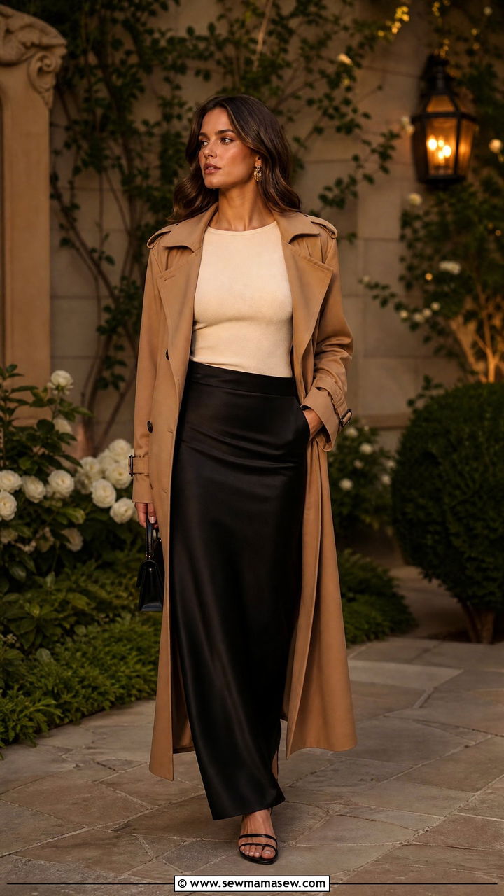Trench Coat with Column Maxi Skirt and Heeled Sandals - 35 how to style trench coat