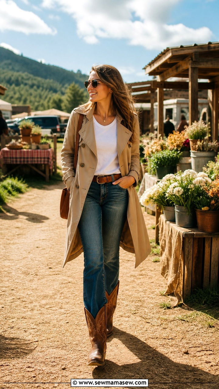 Trench Coat with Cowboy Boots Outfit - 40 trench coat outfit ideas