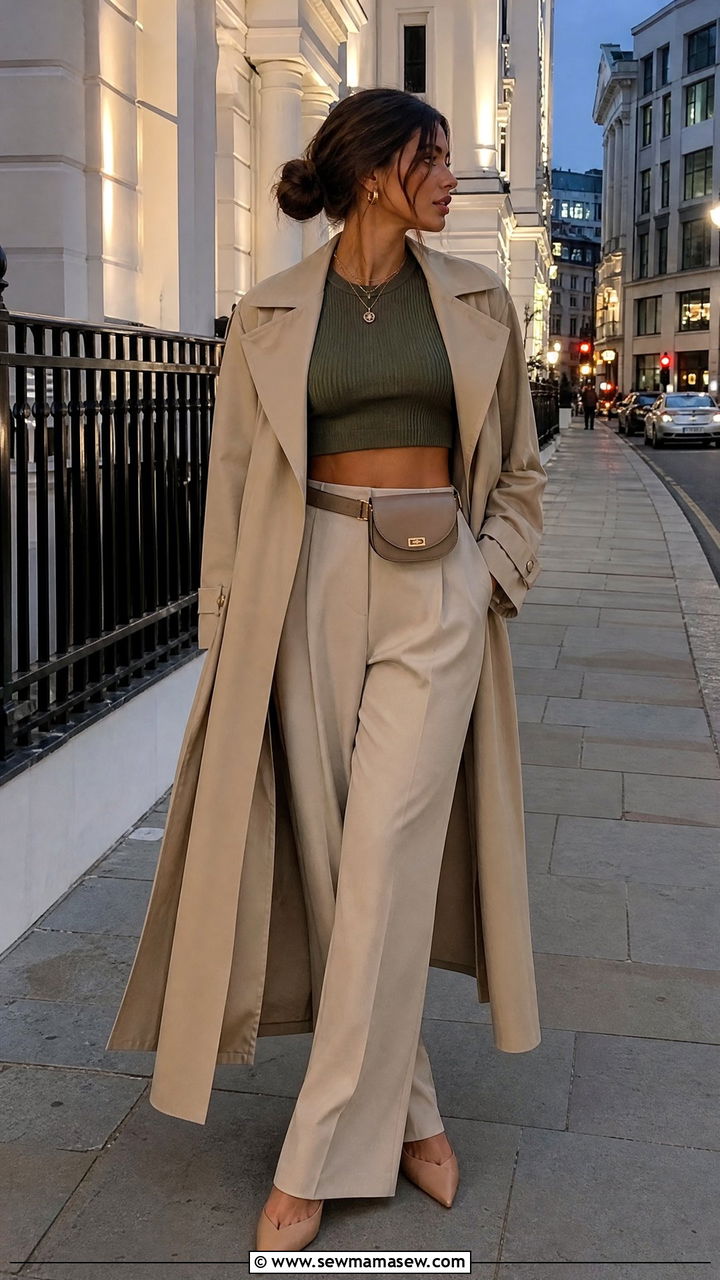 Trench Coat with Crop Top and High Waist Trousers - 30 Summer outfits with trench coats