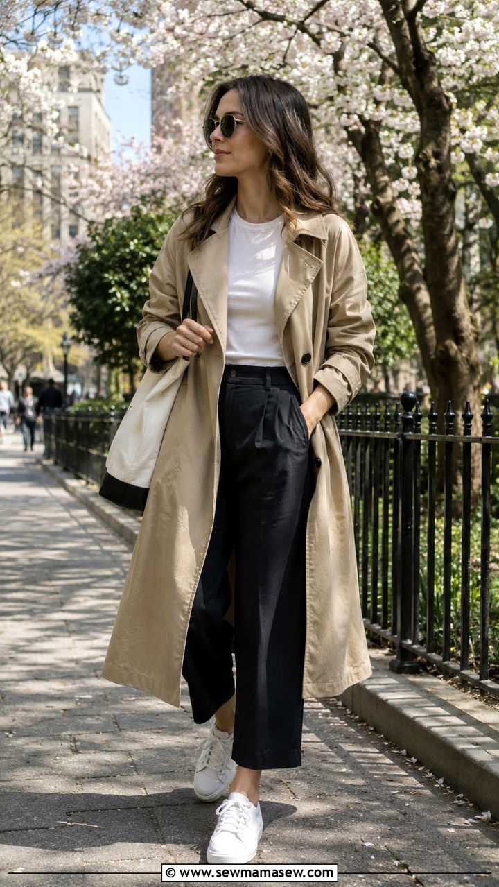Trench Coat with Cropped Trousers and White Sneakers - 30 Spring outfits with white sneakers