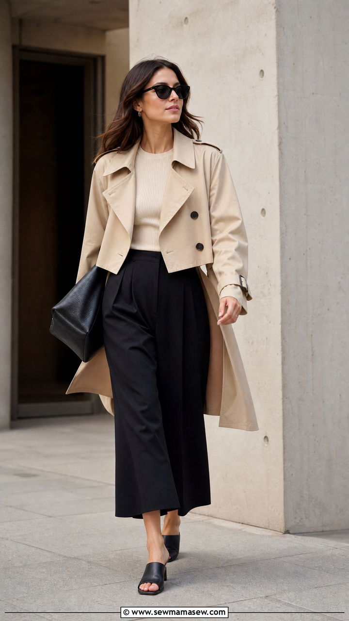 Trench Coat with Culottes and Heeled Mules - 35 how to style trench coat