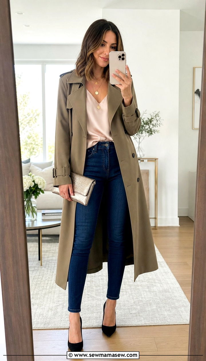 Trench Coat with Dark Skinny Jeans and Pointed Toe Heels - 25 Skinny jeans outfit ideas with a trench coat