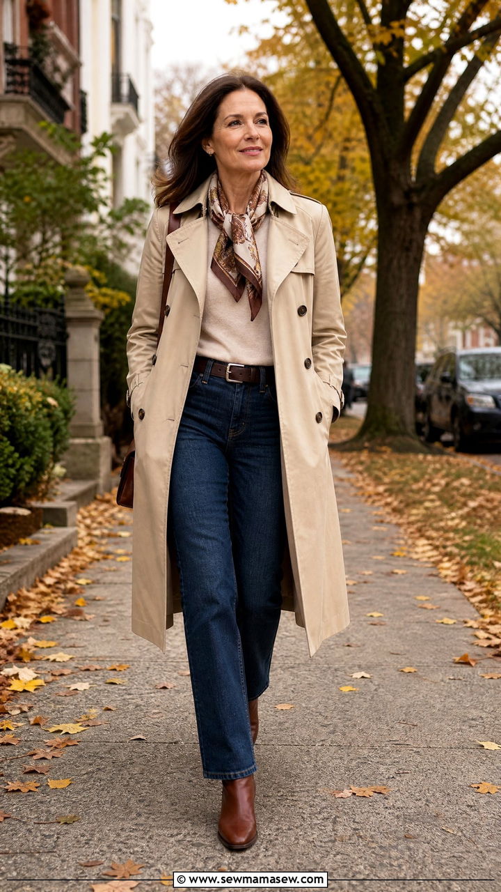 Trench Coat with Dark Wash Jeans and Ankle Boots - 25 How to dress in your 40s