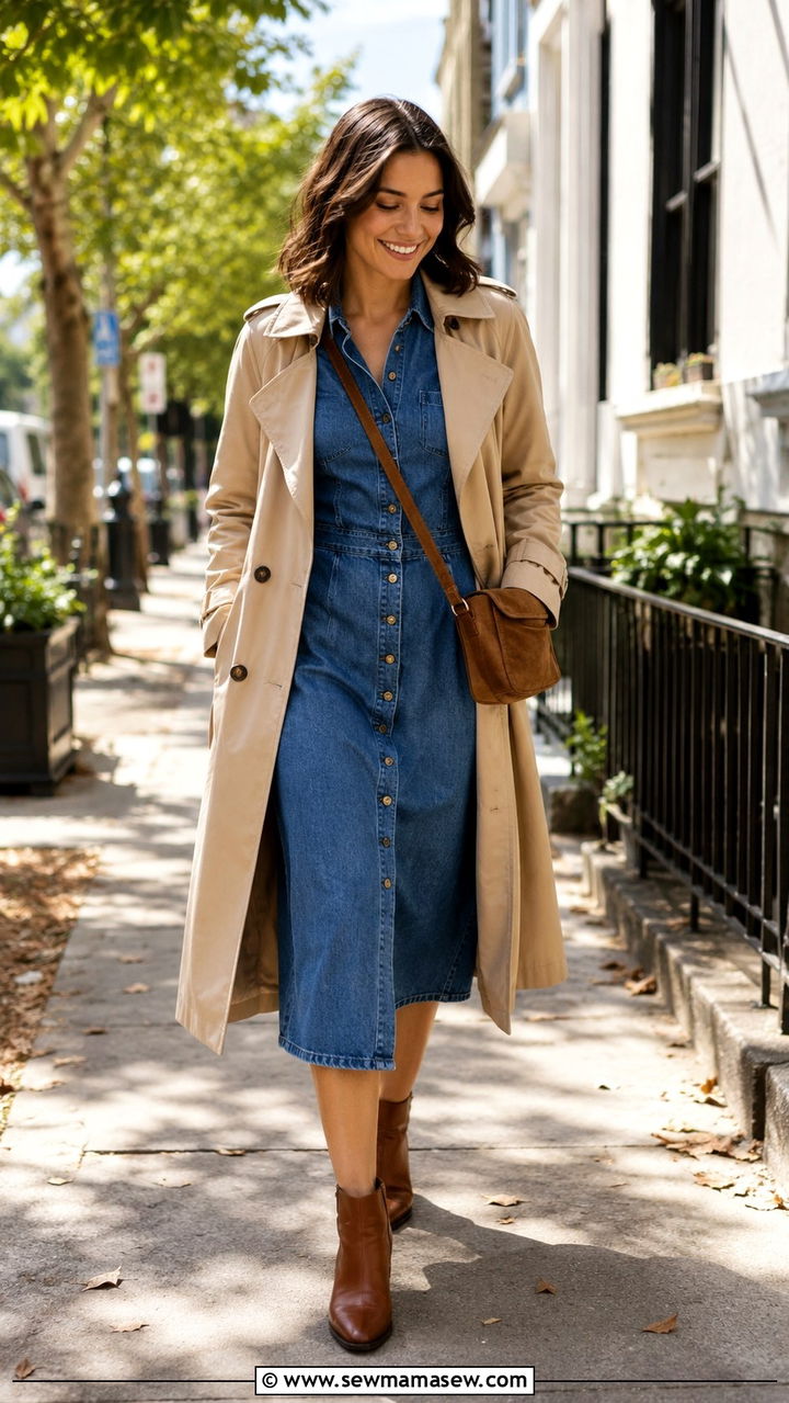 Trench Coat with Denim Dress and Ankle Boots - 30 Long trench coat outfit ideas with a dress