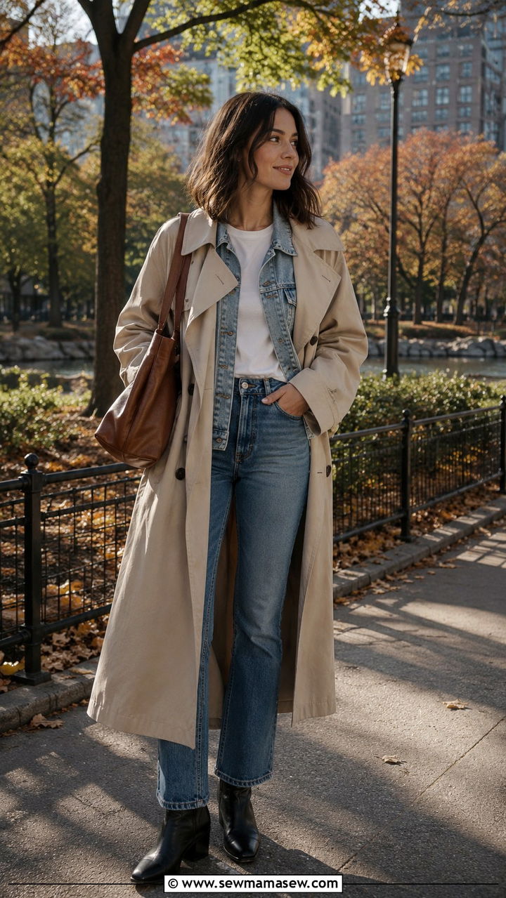 Trench Coat with Denim Jacket Layered Underneath - 25 trench coat outfits aesthetic