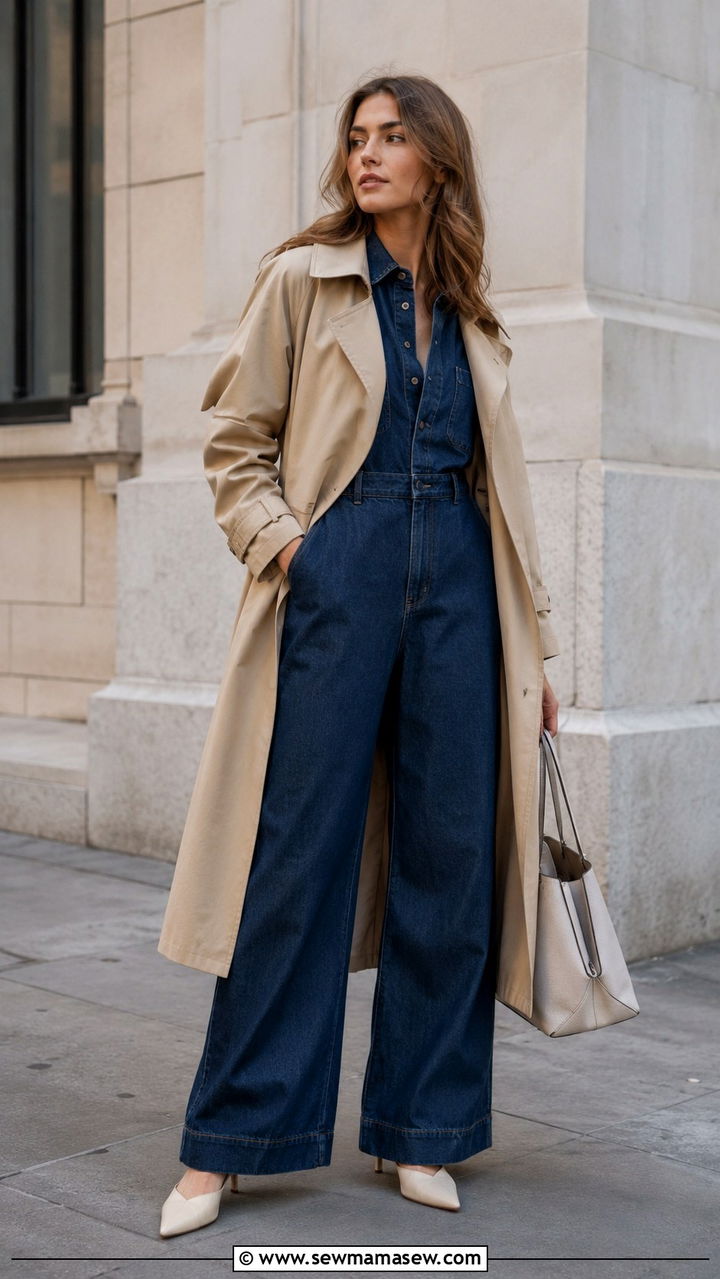Trench Coat with Denim Jumpsuit and Pointed Toe Mules - 30 trench coat outfits inspo