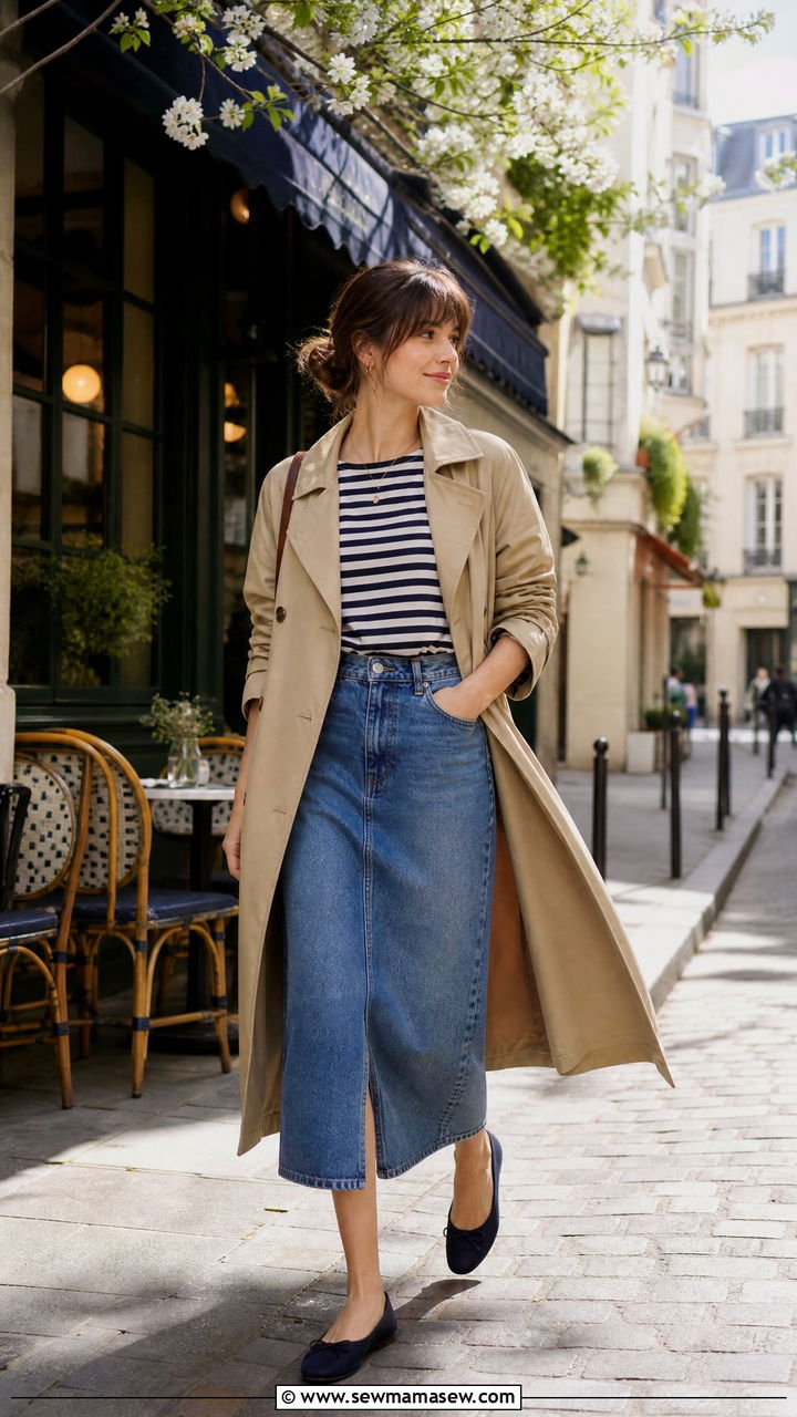 Trench Coat with Denim Midi Skirt Outfit - 40 trench coat outfit ideas