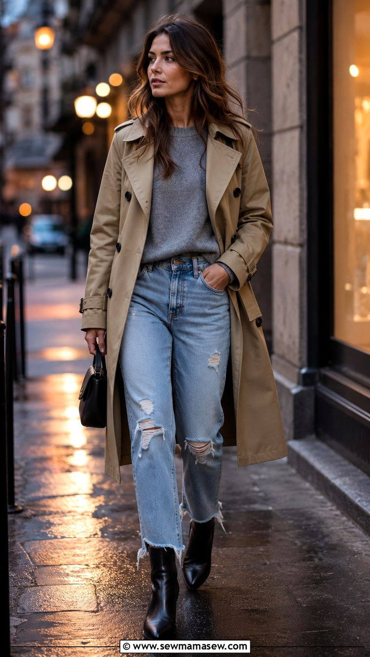 Trench Coat with Distressed Jeans and Ankle Boots - 30 trench coat outfits inspo