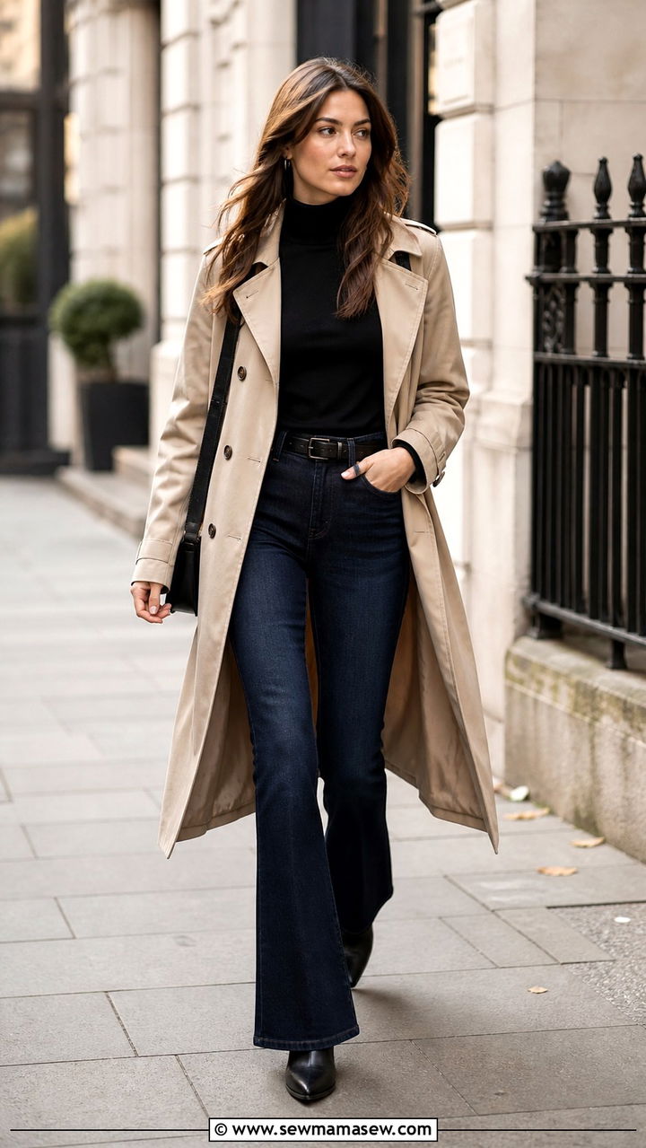 Trench Coat with Flare Jeans and Ankle Boots - 40 casual jeans outfits