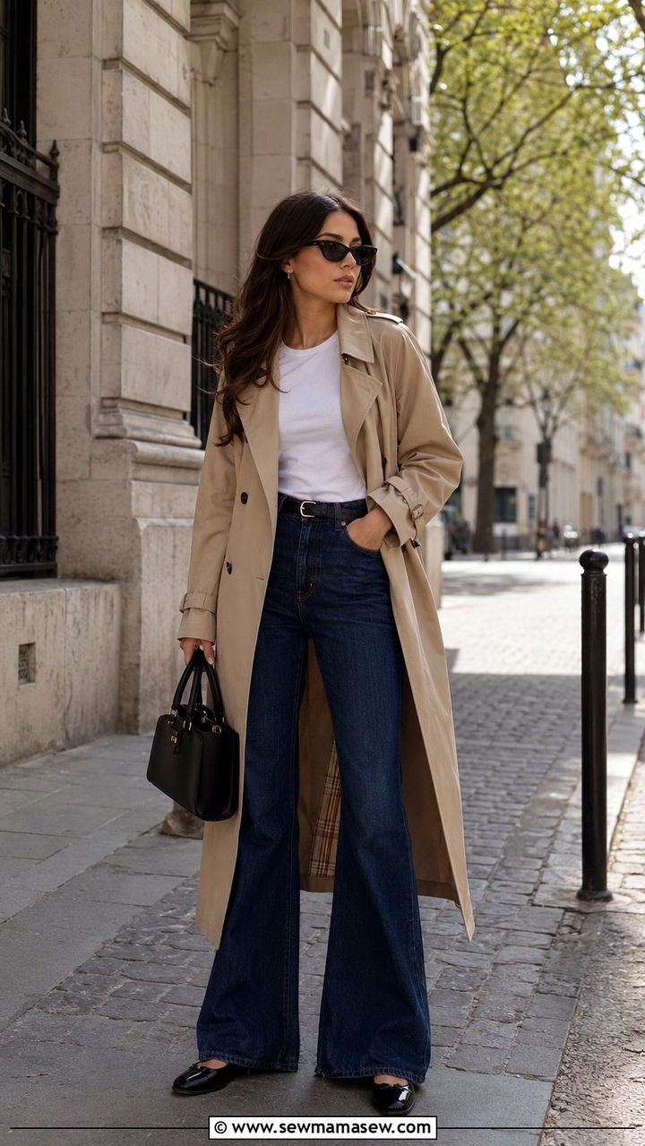 Trench Coat with Flared Jeans and Ballet Flats - 20 Preppy spring outfits