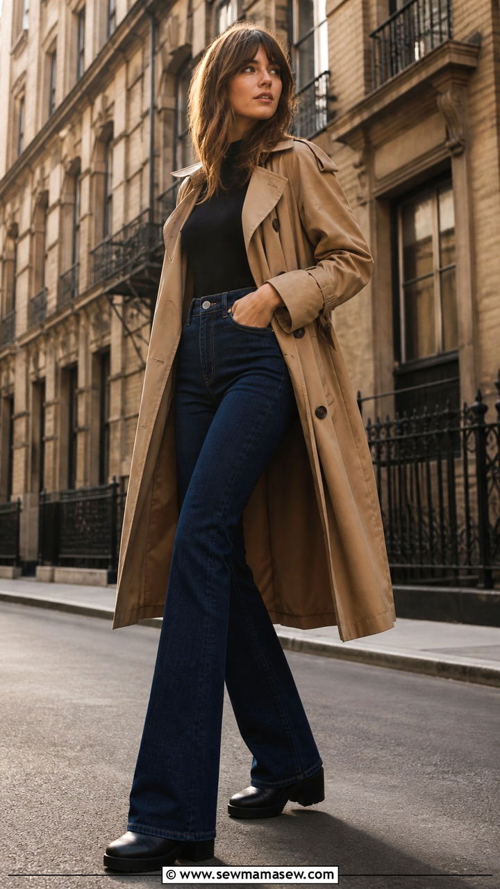 Trench Coat with Flared Jeans and Platform Boots Outfit - 40 trench coat outfit ideas