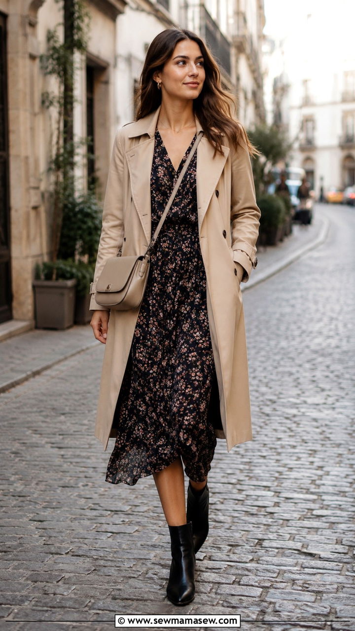 Trench Coat with Floral Midi Dress and Ankle Boots - 30 classy romantic outfits