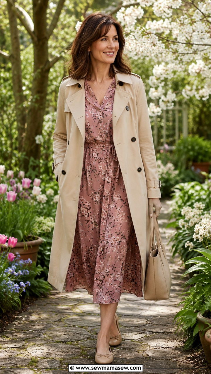 Trench Coat with Floral Midi Dress and Ballet Flats - 30 trench coat outfits for women over 40